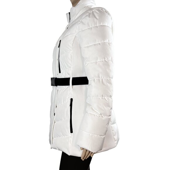 NWT London Fog White Belted Puffer Jacket, Faux Fur Hood, Size M - Winter Coats - Picture 5 of 9